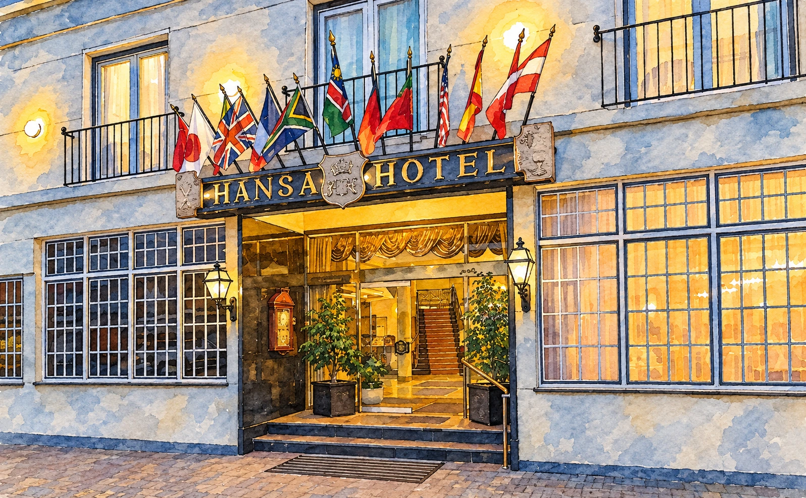 Illustration of Hansa Hotel Swakopmund 路 entrance facade Illustration of Hansa Hotel Swakopmund 路 entrance facade