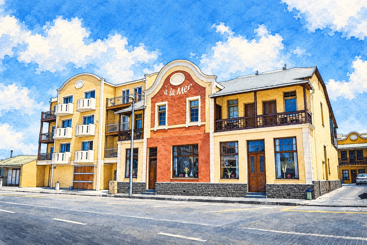 Illustration of Hotel A la Mer 路 street facade Illustration of Hotel A la Mer 路 street facade