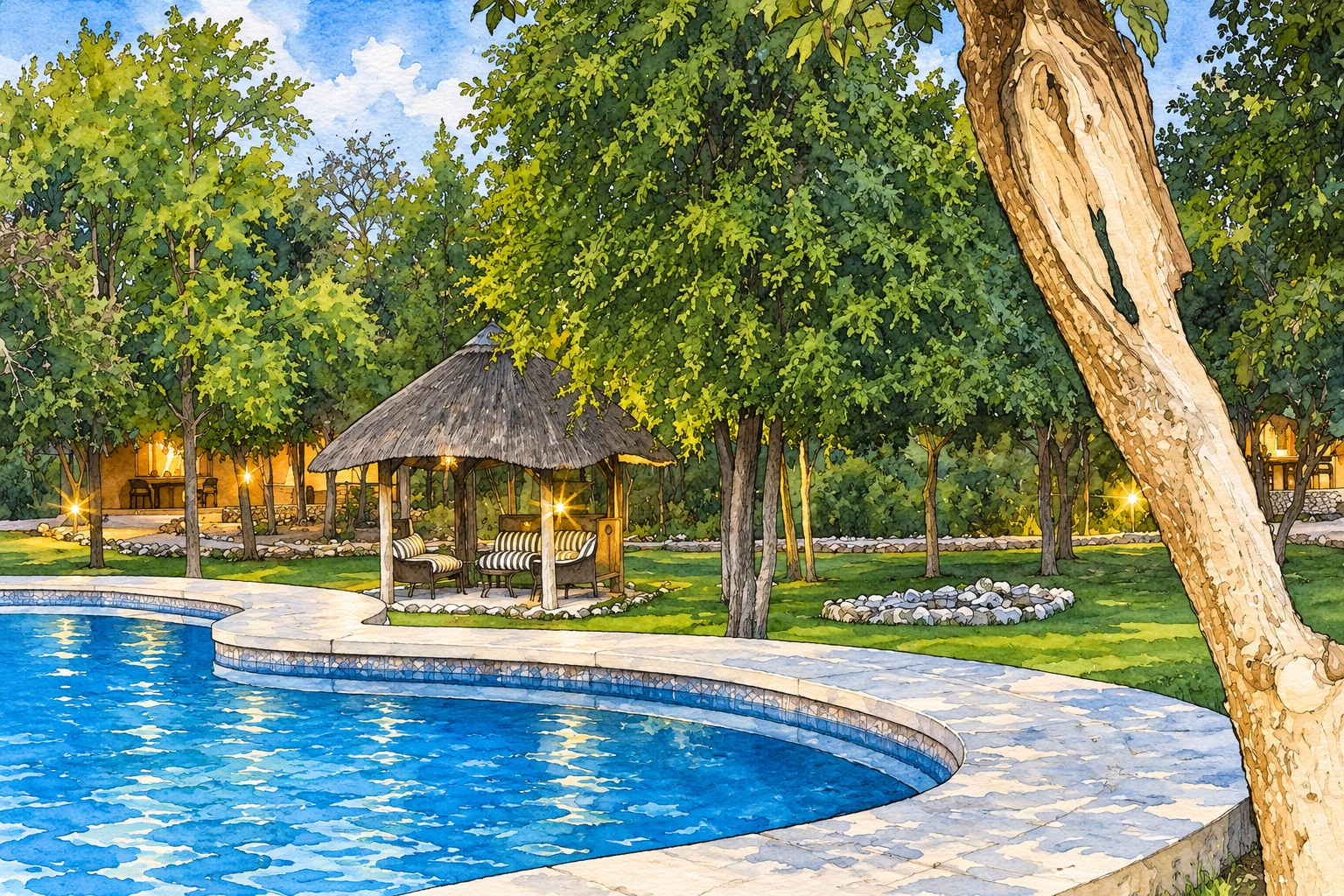 Illustration of Mushara Lodge 路 pool and gazebo Illustration of Mushara Lodge 路 pool and gazebo
